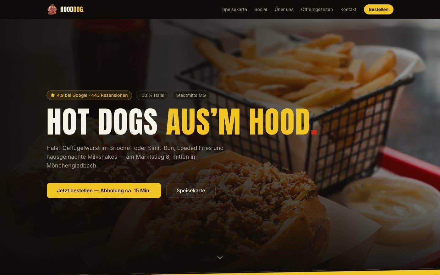 Website-Ausschnitt: HoodDog — Hot Dogs & Streetfood