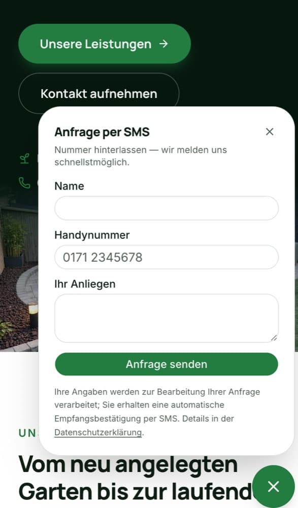 Handy-Ansicht der Website von Garten Michalski: Anfrage per SMS