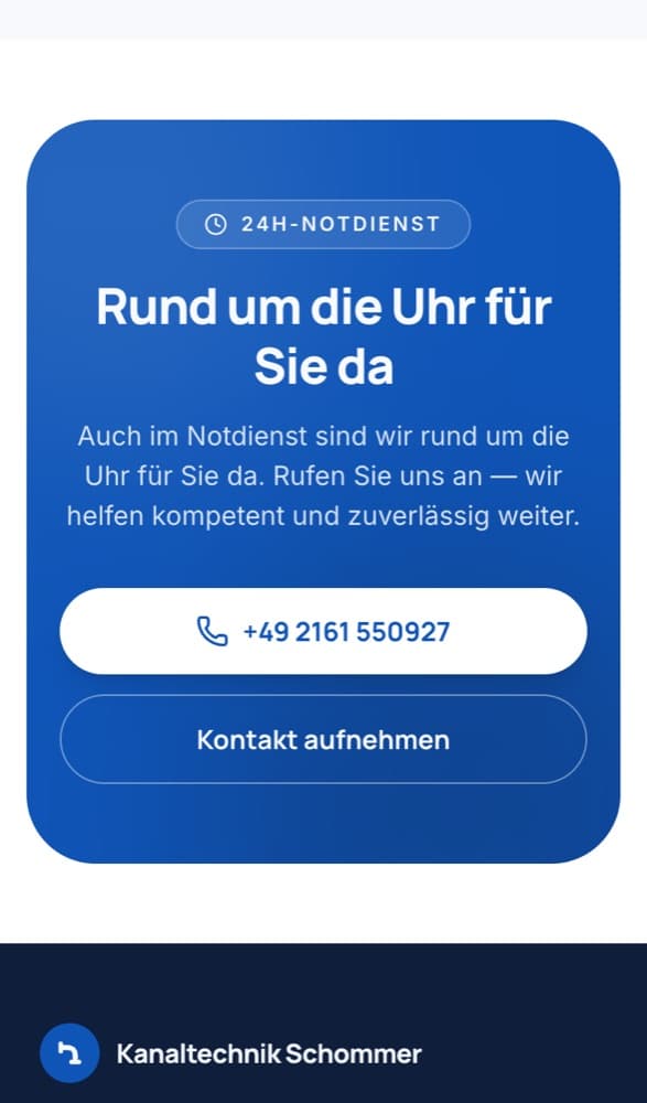 Handy-Ansicht der Website von Kanaltechnik Schommer: 24-h-Notdienst mit Anruf-Knopf