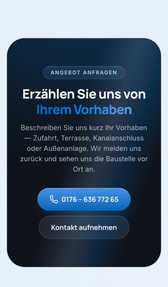 Handy-Ansicht der Website von Tolga Tiefbau: Angebotsanfrage mit Anruf-Knopf