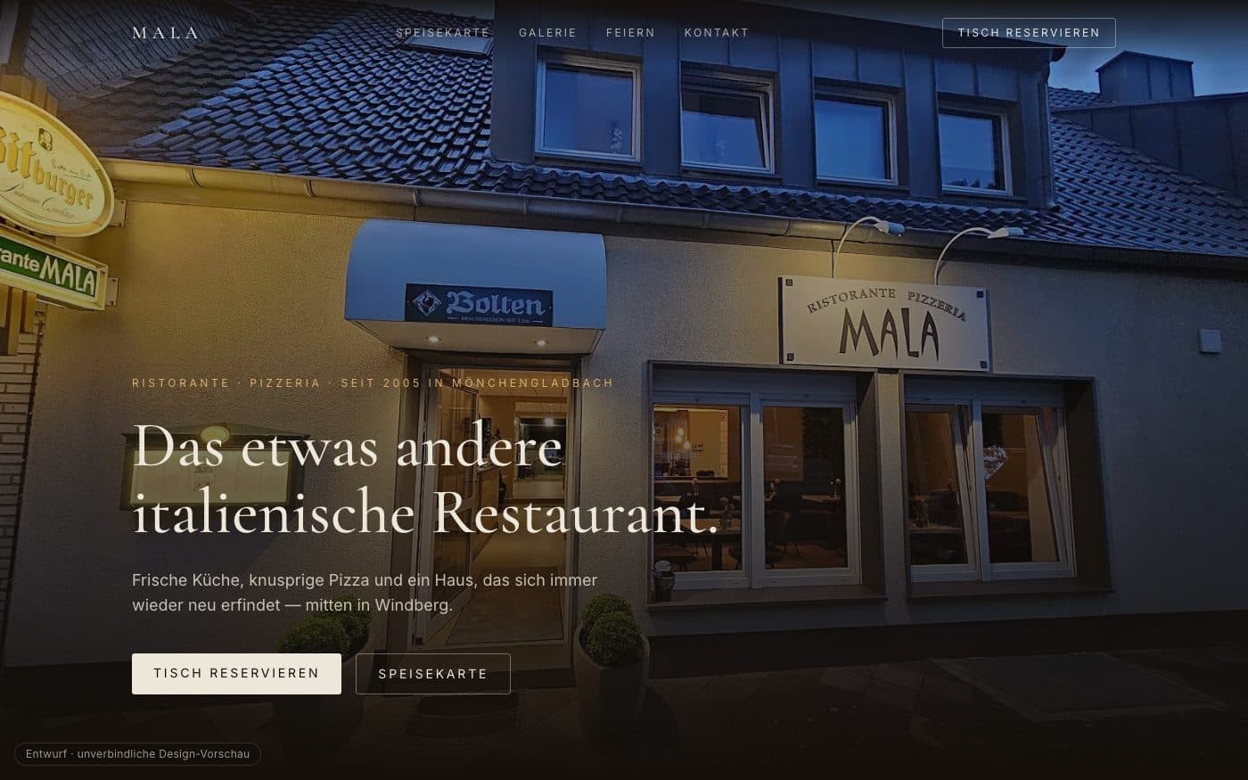 Website-Ausschnitt: Ristorante Mala — Italienisches Restaurant